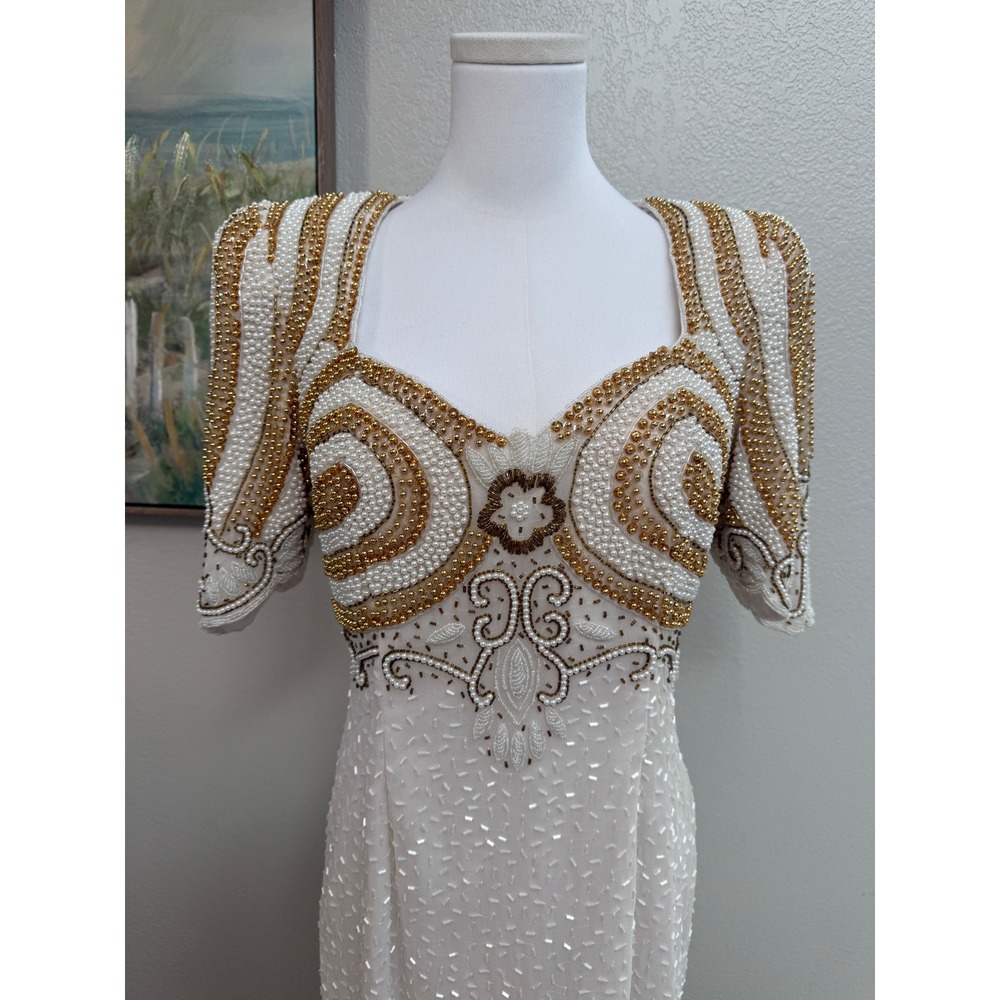Vintage Jagswear 100% Pure Silk Beaded Pearl Evening Gown Open Back Dress Size L - Picture 2 of 11